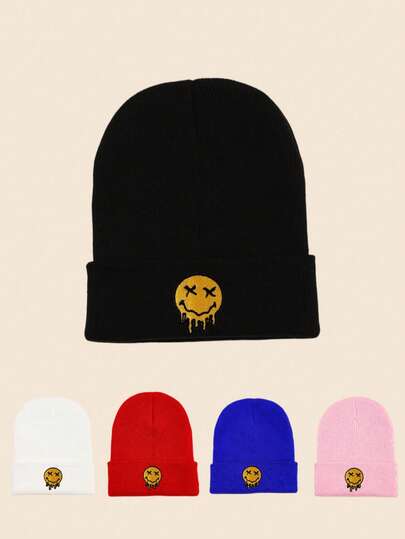 1pc European And American Men And Women Popular Melting Smiling Face Embroidered Knitted Hat, Pullover Warm Wool Hat