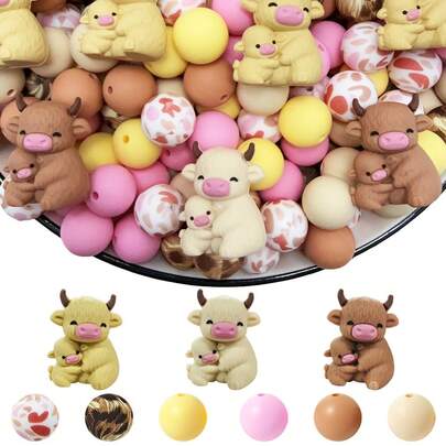 30/53pcs Cow-Themed Silicone Bead Set - Yellow & Brown Cow Parent-Child Design - Adorable Animal Beads - Ideal For DIY Keychains, Necklaces, Bracelets, Decorative Pens, Jewelry And Pendants - Great For Mother's Day, Father's Day, Birthday Gifts