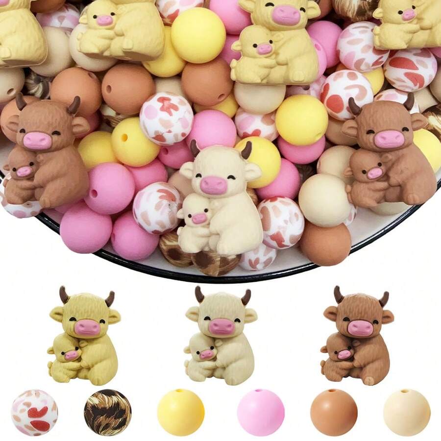 30/53pcs Cow-Themed Silicone Bead Set - Yellow & Brown Cow Parent-Child Design - Adorable Animal Beads - Ideal For DIY Keychains, Necklaces, Bracelets, Decorative Pens, Jewelry And Pendants - Great For Mother's Day, Father's Day, Birthday Gifts