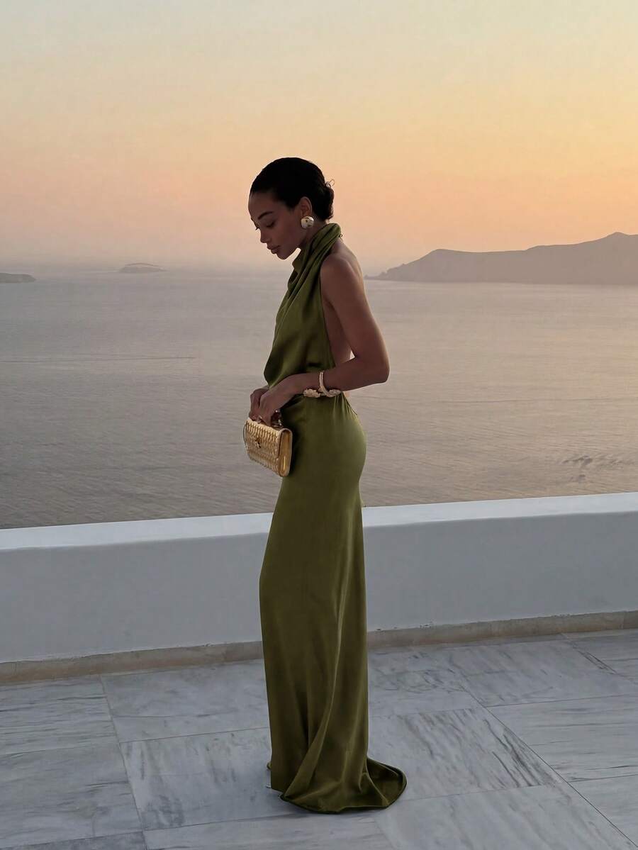 Basrey Green Solid Color Tie-Waist Backless Mid-Length Evening Dress, Suitable For Formal Banquets, Weddings, Parties And Dates Party - Green - View 1
