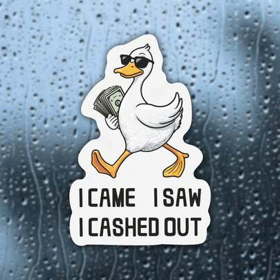 1张趣味富翁鸭卡通形象防水乙烯基贴纸，“我来了，我看到了，我赚到了”自粘贴纸，适用于水瓶、笔记本电脑、汽车、平板电脑，休闲风格爱好者的理想之选