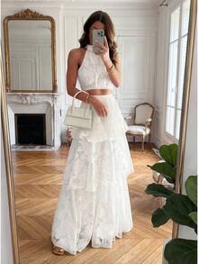 Elegant Romantic Multilayer Cake Skirt Two Pieces Vacation Outfits For Women, Women's Summer Set, Beach Set White - White - View 2