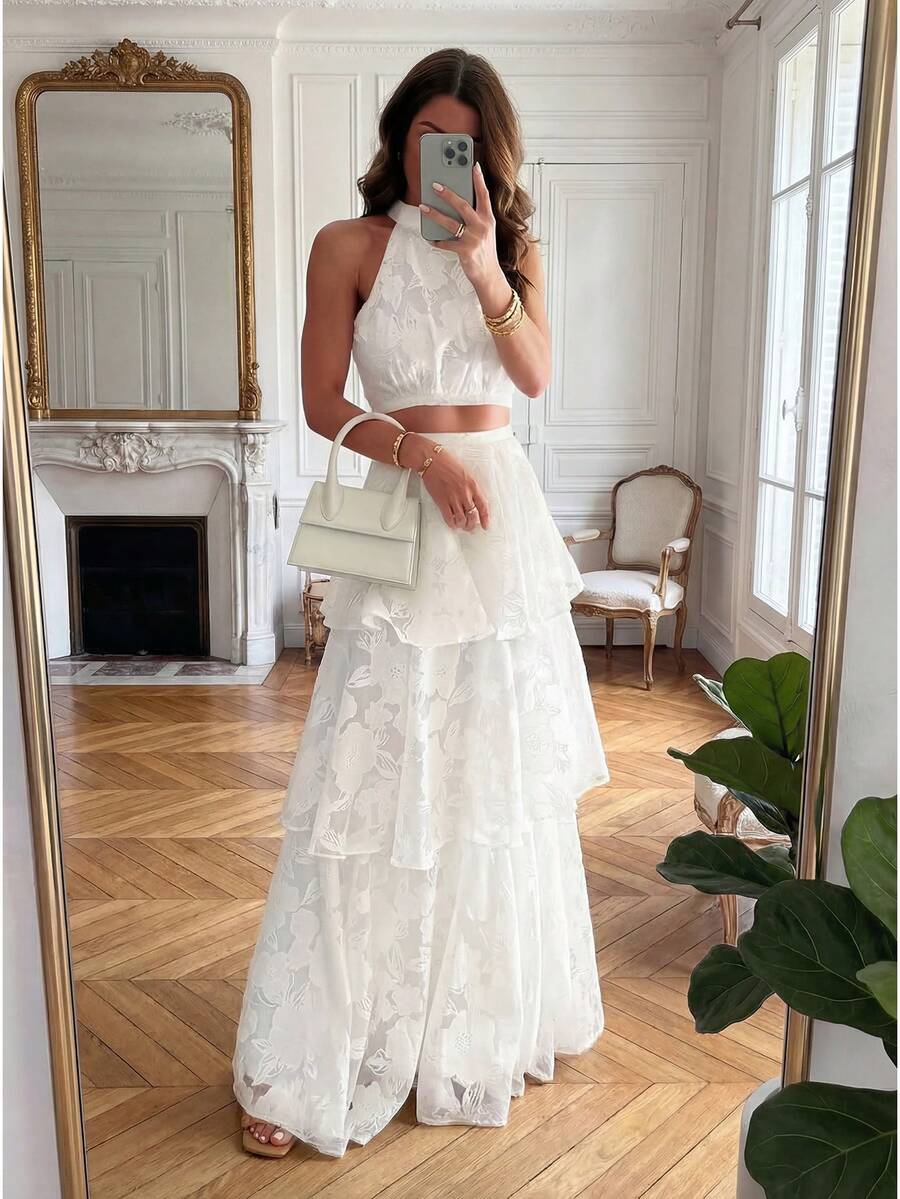 优雅浪漫多层蛋糕裙两件套度假套装，女士夏季套装，沙滩套装 白色 - 白色 - 查看 1