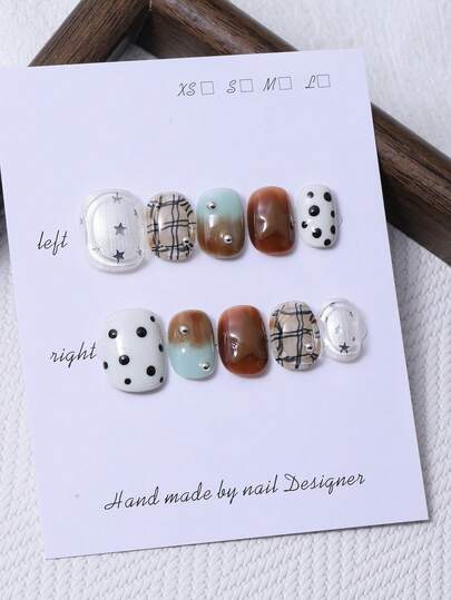 10pcs/Set Handmade Short Round Palm Pieces In Y2K Brown Style & 3D Handcrafted Crystal Transparent Molding & Hand Painted Grid Lines With Five Pointed Star And Dot Designs For Nail Decoration. 1 Piece Of Jelly Gel And 1 Piece Of Nail File. Perfect For Wearing At Parties And Formal Occasions, Suitable For Press On Nails And Nail Care Products.