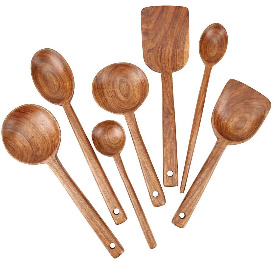 AIUHI 7pcs Wooden Cooking Spoon Set Wok Turners Natural Wooden Utensil Kitchen Spatula Set Skimmer Spoon Wood Turner Cutlery Set Wooden Spatula Soup Spoons - Brown - View 1