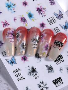 3D蕾丝花瓣美甲贴纸2片装，渐变蓝紫粉灰，手绘五瓣花蝴蝶几何字母设计，DIY Y2K优雅浪漫时尚春夏花卉印花自粘凝胶指甲油美甲贴片滑动式美甲装饰 - 彩色 - 查看 7