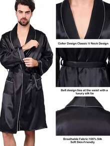 1 chiếc áo choàng tắm nam bằng satin nhẹ, áo choàng kimono lụa cao cấp dành cho nam, áo choàng tắm thắt eo bằng lụa băng giá có ve áo. - Nhiều màu - Xem 2