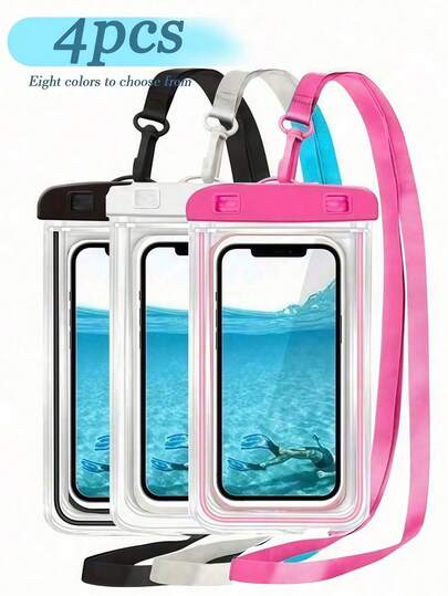 4个装夜光防水手机袋，通用防水手机包，夏季防水触屏手机包，防水、透明、密封，带挂绳，适用于水上乐园、海滩、露营、旅行、游泳池、度假