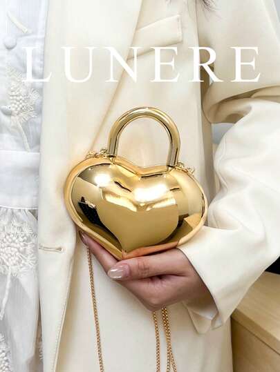 Women's New Fashion Luxurious Champagne Gold Heart-Shaped Acrylic Hard Shell Clutch Bag, Portable Shoulder Bag With Metal Chain