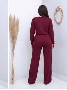 Women's Fleece Set With Pockets - Long-Sleeved Blouse And Wide-Leg Pants - - Burdeos - Ver 2