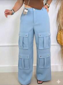 Calça Cargo Feminina Com Ziper Moda Tendencia Outono 2026 - Azul bebê - Visão 2