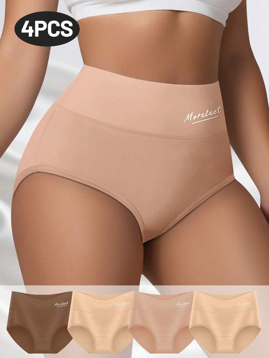 MEIYATING 4pcs Women High Waist Tummy Control Comfortable Letter Print Cotton Panties, Pink Tone Triangle Briefs
