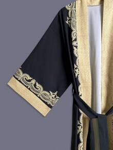 复古佩斯利印花长袖和服罩衫，轻便休闲女式外套，优雅波西米亚风格，适合派对、海滩、旅行、度假，宽松长袍配腰带，节日服装，黑色 - 黑色 - 查看 5