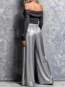 Pantalones anchos de cintura elástica cómoda y suelta, de unicolor con bolsillos de poliéster con lámina, elegantes y clásicos, adecuados para el hogar, citas nocturnas, vacaciones, oficina, uso diario, cena formal, escenario y concierto, primavera/verano - Plateado - Ver 8
