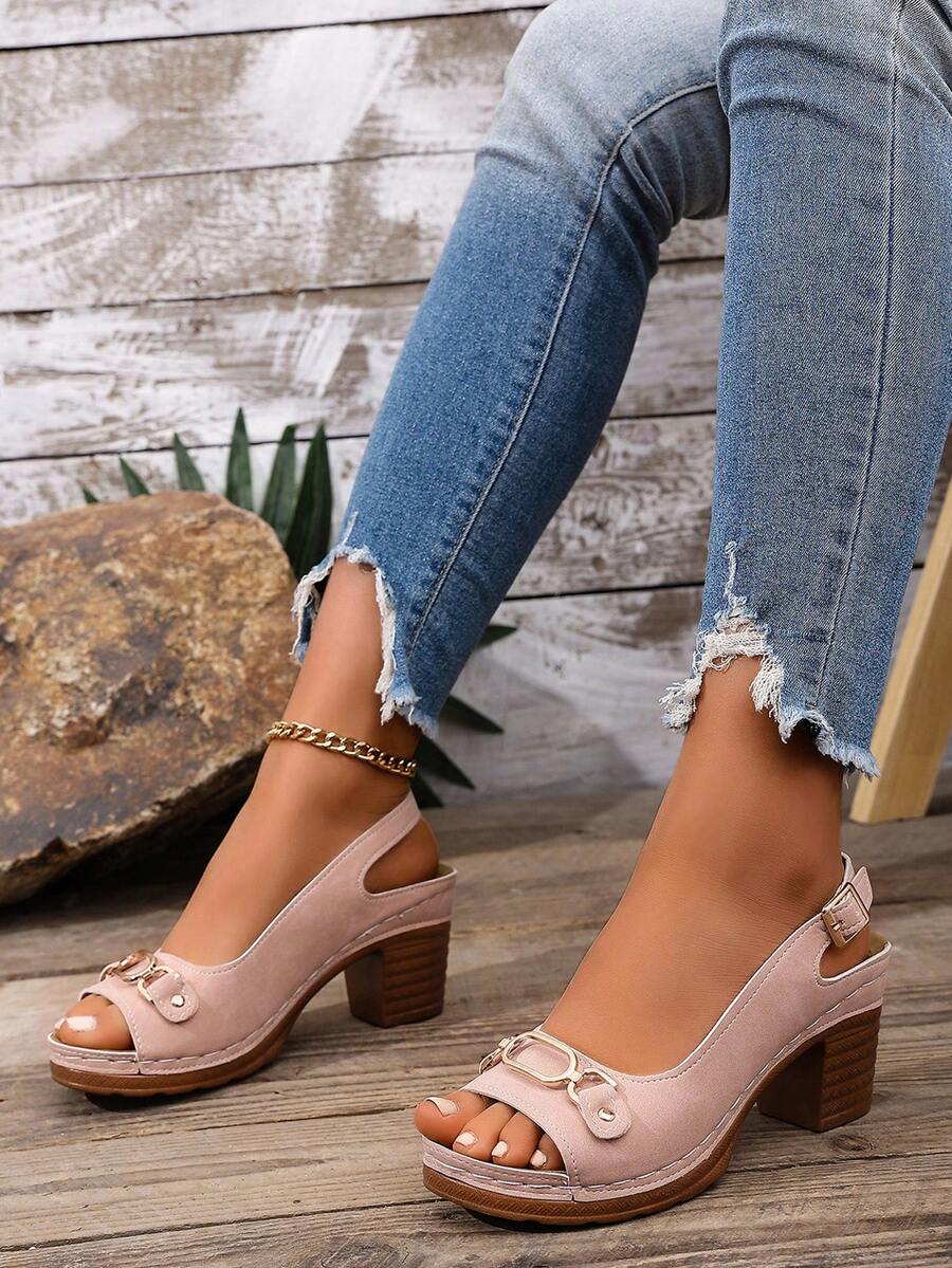 Summer New Fashion Thick Heel Floral Print Sandals, Women Open Toe High Heel Low Vamp Sandals - Pink - View 1