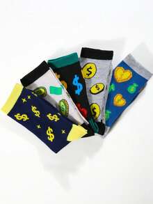 1/5双美元符号袜子，创意硬币图案中筒袜，吸湿排汗街头风男女通用长袜 - 彩色 - 查看 5