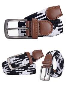 1pc Unisex Elastic Woven Stretch Belt, Adjustable Canvas Belt With Alloy Buckle, No Hole Design - A - View 2