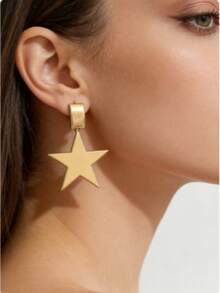 1 Pair[Smooth Pentagram Earrings]Niche Design Elegant Earrings For Women, Minimalist Wide Hoop Earrings Paired With 3D Smooth Pentagram, Metallic Texture Chic And Generous, Flattering Face Shape And Enhancing Aura, Suitable For Commuting, Parties, Street Wear, The Finishing Touch To Create A And Stylish Vibe. - Gold - View 5