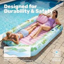 Sloosh XL Inflatable Tanning Pool Lounger Float for Adults 85" x 57"  Large Suntan Tub Pool Floats Sun Tan Tub Ice Bath Tub Tanning Bed Blow up Pool Raft Lounge Floatie XL-Cyan Pink - Verde y rosa - Ver 5