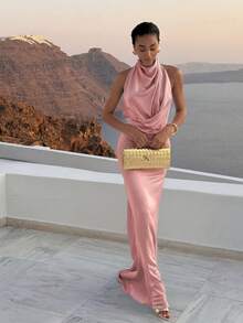 Basrey Vestido formal de color rosa sólido con cintura anudada y espalda descubierta de largo medio, adecuado para banquetes formales, bodas, fiestas y citas - Rosa vieja - Ver 4