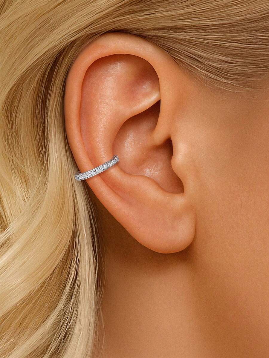 1件半圆形戒指，925纯银莫桑石耳夹，18K镀金，女士日常佩戴，派对周年纪念日情人节婚礼新娘首饰 - 銀色 - 查看 1