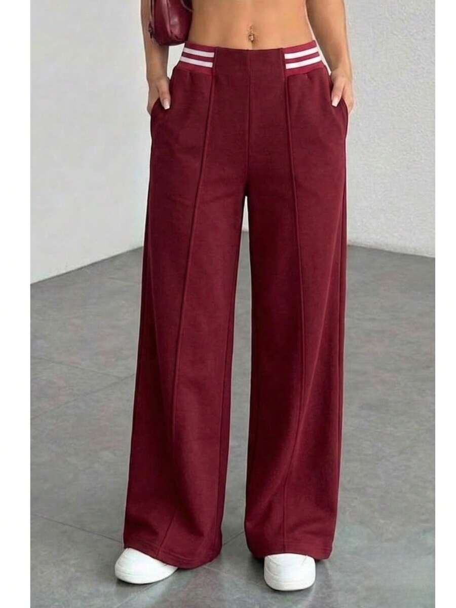 Women's Knitted Sweatpants With Waist Detail And Pockets, Wide Leg - Burgundy - View 1