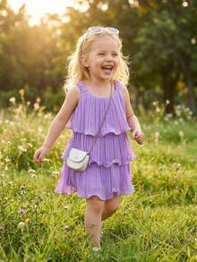 Summer Baby Girls' Sleeveless Ruffle Cake Dress, Solid Color Suspender Design - Purple - View 3