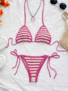 Women's Crochet Striped Tie-Up 2 Pieces Bikini Set, Including Triangle Top And Tie Shorts, Beach Vacation Wear - Hot Pink - View 7