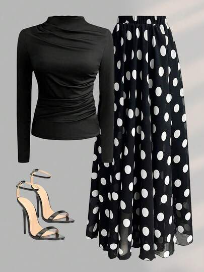 1 Set Solid Color Ruched Long Sleeve Top + Polka Dot Print Skirt Casual Spring
