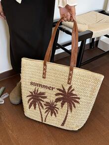 Summer Straw Tote Bag, Coconut Tree Pattern Women's Shoulder Handbag, Zipper Closure, Suitable For Beach & Holiday - Beige - View 6