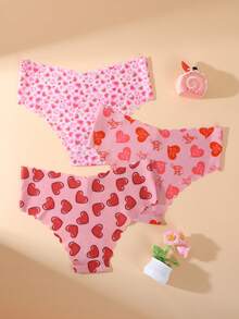 3 piezas de bragas de mujer con estampado de corazón lindo, dobladillo ondulado, tela suave y lisa, ropa interior casual cómoda - Multicolor - Ver 2