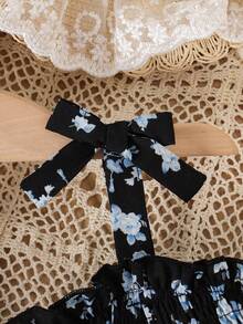 Young Girl Floral Print Spaghetti Strap Bow Ruffle Hem Dress - Multicolor - View 5
