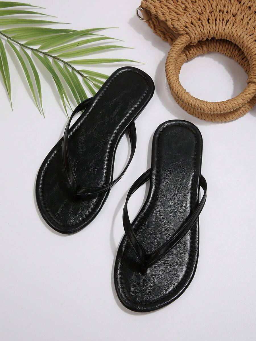 Women's Flip Flops, Casual Street Style Summer Beach Slippers, Solid Color Flat Non-Slip Thong Sandals - Black - View 1