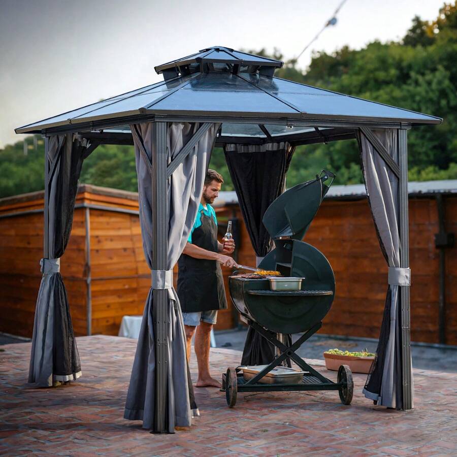Gazebo para Asar al Aire Libre de 8 x 8 Pies, Gazebo para BBQ con Techo Rígido de Policarbonato Resistente a los Rayos UV y Ganchos de Almacenamiento para Patio, Césped, Jardín - 1 - Ver 1