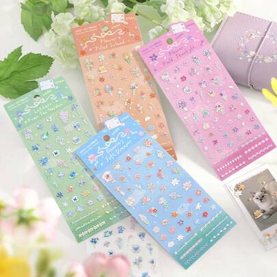 1张迷你3D立体浮雕贴纸，“风与花的对话”系列，清新蜡笔风格花卉主题，凸起边缘花卉边框设计，适用于剪贴簿、笔记本、美甲、相册、杯子、照片，返校必备