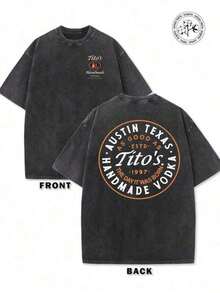 Cotton Vintage Clothing,Washed Tshirt, Retro Washed Graphic T-Shirt,100 % Cotton Men Shirts 230g Washed And Used T-Shirt, Front Tito's Handmade Vodka Logo, Back With "AUSTIN TEXAS Tito's HANDMADE Vodka" Circular Text And Brand Logo Fashion Design Soft Fabric Loose Fit Unisex Retro Street Style,Summer Outfits For Men Woman - Black - View 1