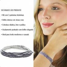 Women's Semi-Jewelry Set, 925 Sterling Silver Plated, Kit Of 5 Elastic Bracelets With Sparkling Rhinestones, Silver Finish - 紫色 - 查看 3