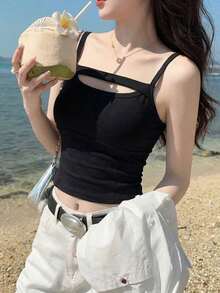 Summer New Women Hollow Chest Camisole, Built-In Padded Bra One-Piece, Sexy Sports Top, Underwear As Outerwear - Black - View 6