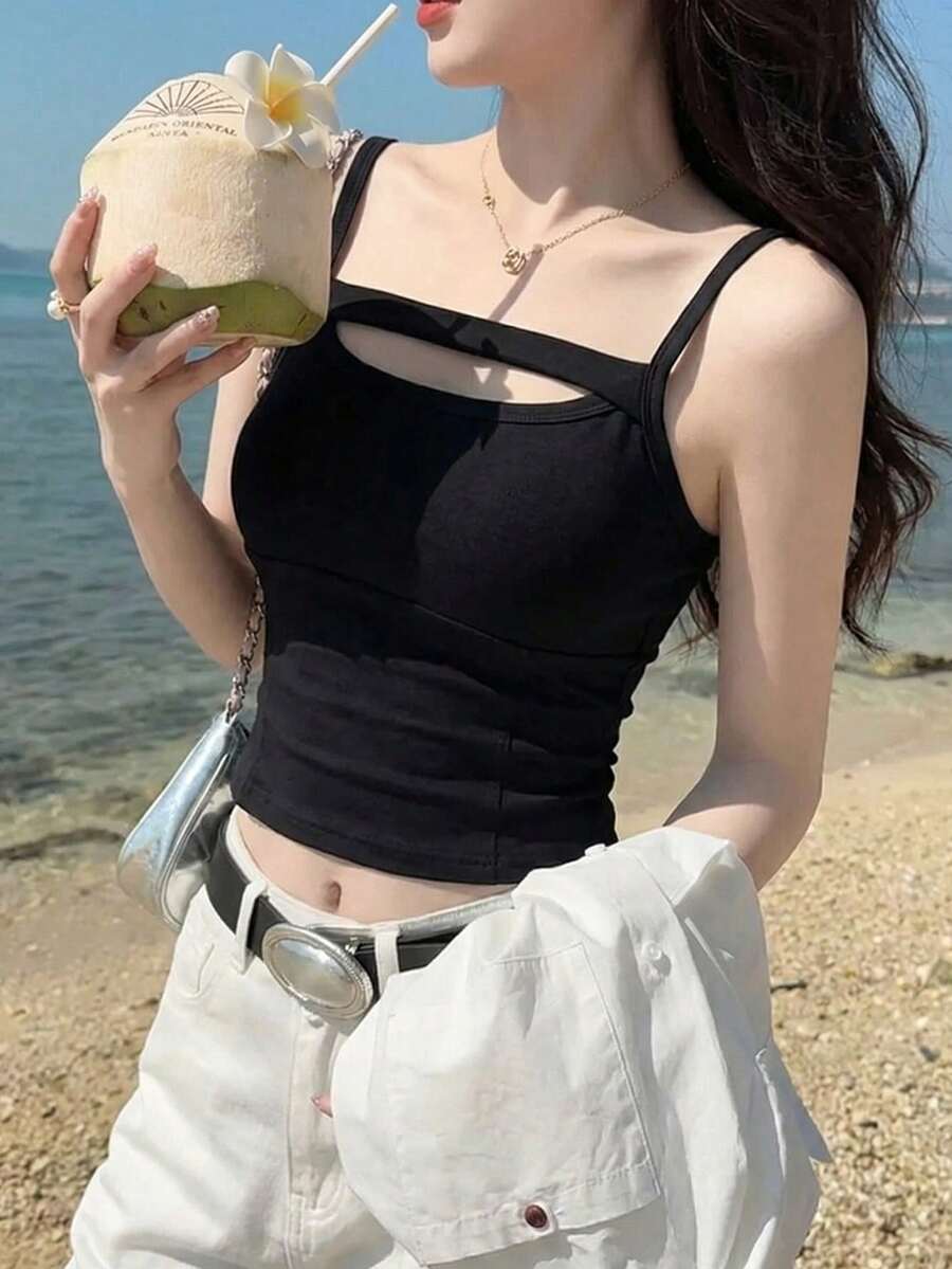 夏季新款女士镂空胸罩吊带背心，内置衬垫文胸，连体式，性感运动上衣，内衣外穿，休闲黑色 - 黑色 - 查看 1