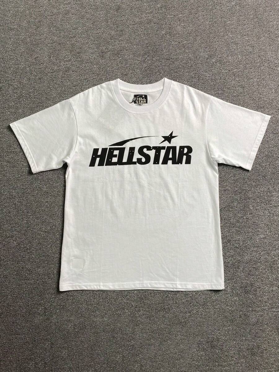Plus Size Hellstars Star Logo Minimalist Vintage Graphic T-Shirt,220g 100% Cotton,Round Neck Short Sleeve,White Streetwear Essential,Unisex Style - 黑色 - 查看 1