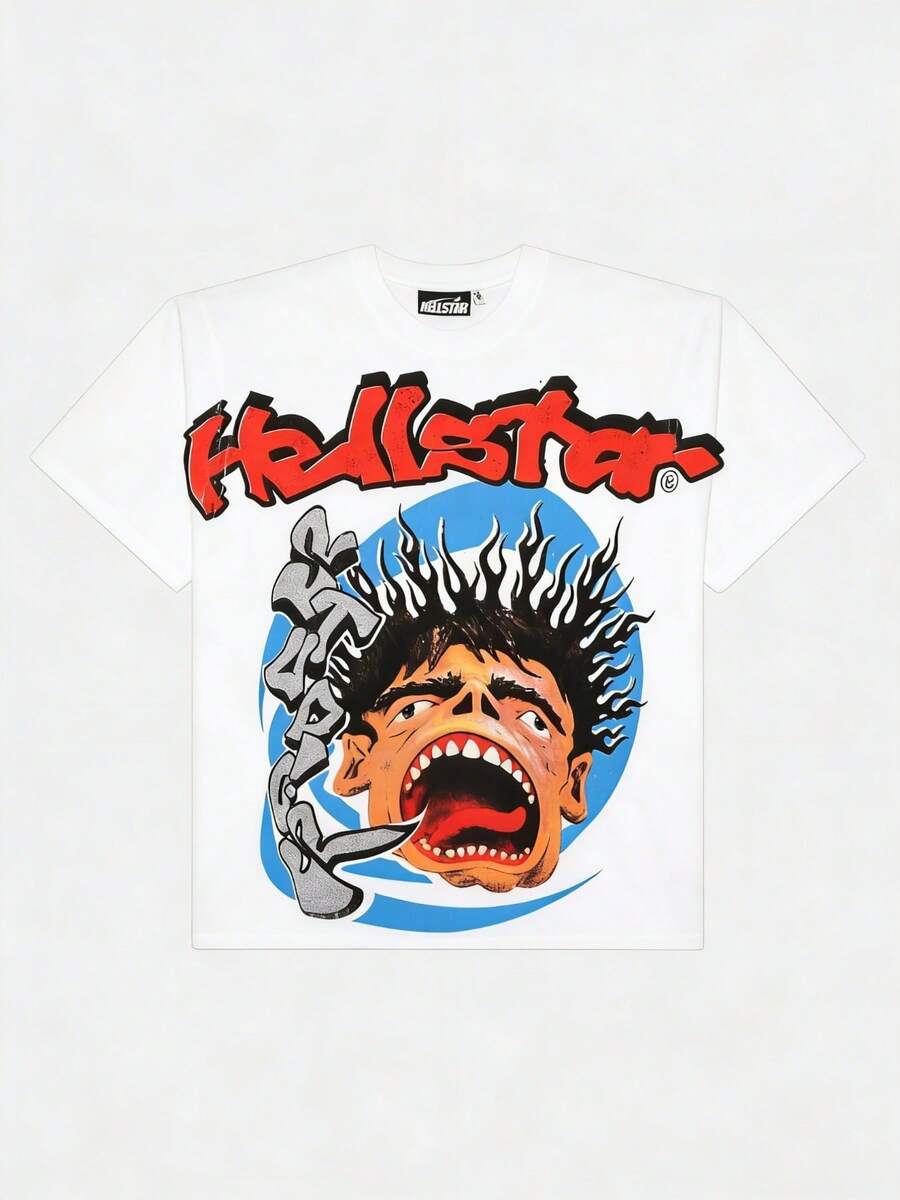 Plus Size Hellstars Screaming Head Retro Graphic T-Shirt,220g 100% Cotton,Round Neck Short Sleeve,White Streetwear Essential,Unisex Style - Black - View 1