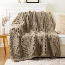 Beige Chunky Knit Throw Blanket For Couch,Handmade Cable Knit Crochet Blanket,Thick Chenille Throw Blankets For Sofa Bed Home Decor,50"X60" - 灰褐色 - 查看 4
