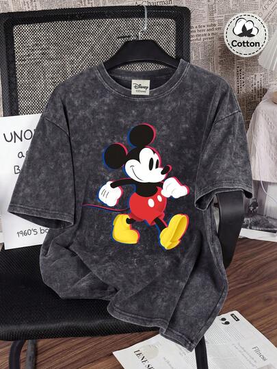 Disney 复古水洗男士迪士尼圆领短袖T恤，印有米奇图案，适合夏季穿着