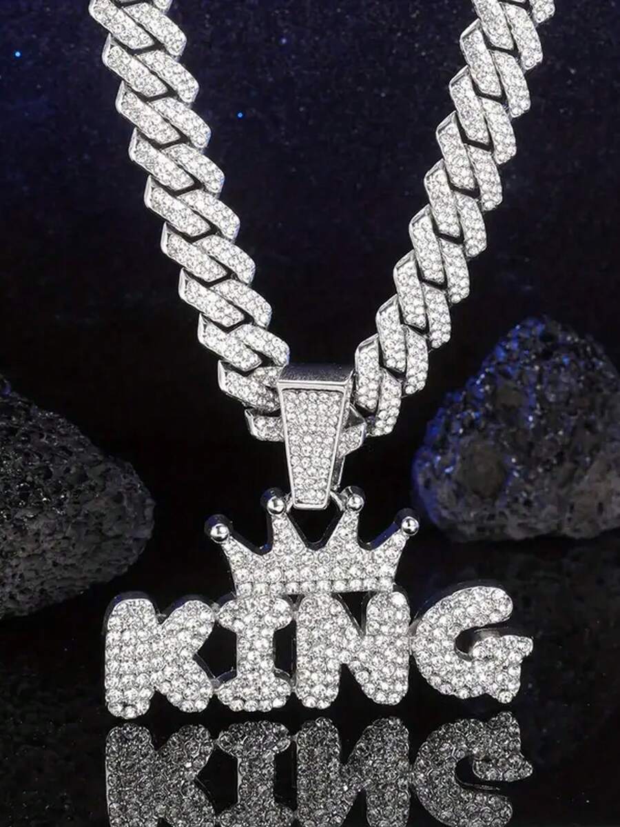 Kalung Liontin Huruf Rantai Kuba Hip-Hop Unisex Bertabur Berlian, Hadiah Terbaik Serbaguna untuk Teman dan Keluarga - MultiWarna - View 1