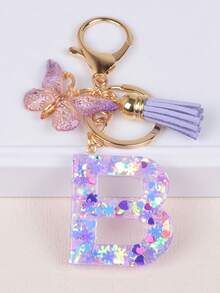 Cute Yarn Pom Pom Sequin Letter A-Z Resin Tassel Keychain, Wallet & Handbag Charm, Chain Backpack Pendant, Car Hanging Ornament, Girl Gift, School & Car Accessories, Gothic Y2K - Purple - View 26