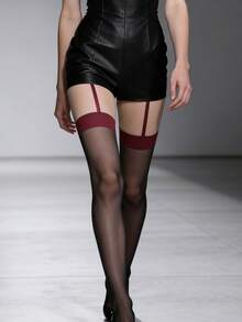 1双女士性感黑色薄纱吊袜带，红色滚边，薄丝吊袜，适合情人节、派对、约会、春秋季穿着，款式迷人。 - 彩色 - 查看 8