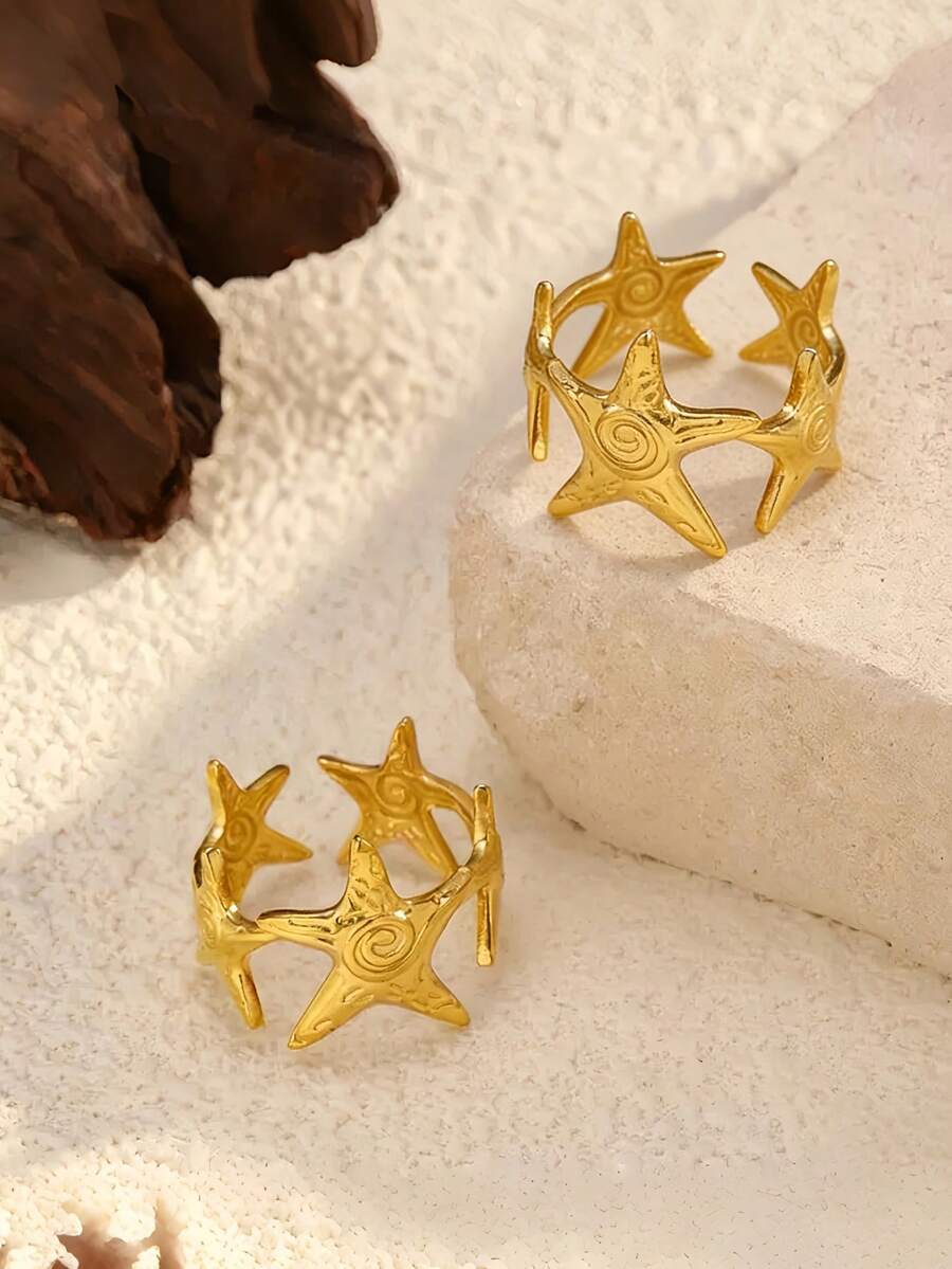 1 chiếc nhẫn thép không gỉ hình ngôi sao rỗng tối giản, dây đeo bằng thép titan có thể điều chỉnh, dành cho nữ, phù hợp để đeo hàng ngày và trong các dịp trang trọng. - Sao Biển Vàng - Xem 1