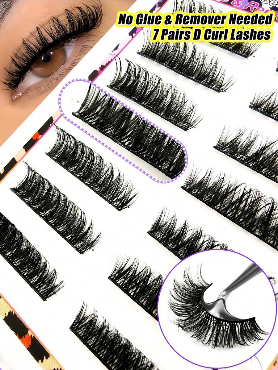 7对自粘式假睫毛 D卷度俄罗斯假睫毛，预粘式，无需胶水，无需卸妆，可重复使用，按压式假睫毛，卷翘猫眼假睫毛，蓬松8-15mm假睫毛（D-14） - 黑色 - 查看 1