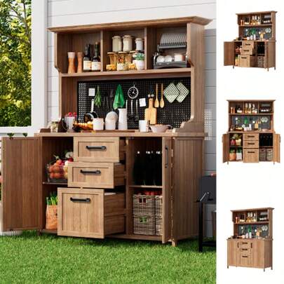 Wooden Garden Cabinet, Solid Fir Wood Garden Tool Cabinet – Freestanding Storage Cabinet With 3 Drawers, 3 Compartments, Metal Pegboard And Adjustable Shelves For Patio, Balcony And Garden