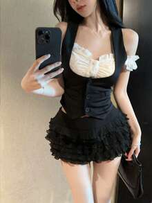 女士时尚百搭韩式纽扣背心 - 黑色 - 查看 1